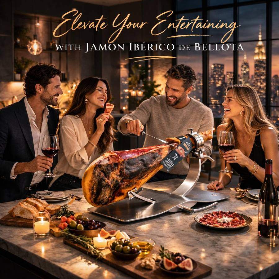 Friends entertaining with Whole Jamón Ibérico at a luxury dinner party
